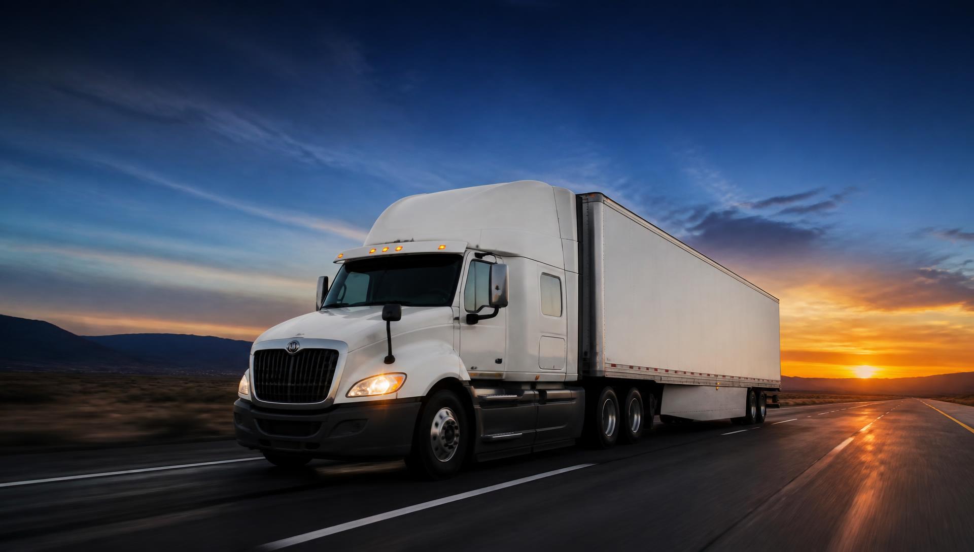 Semi truck hauling freight on an interstate highway at dawn